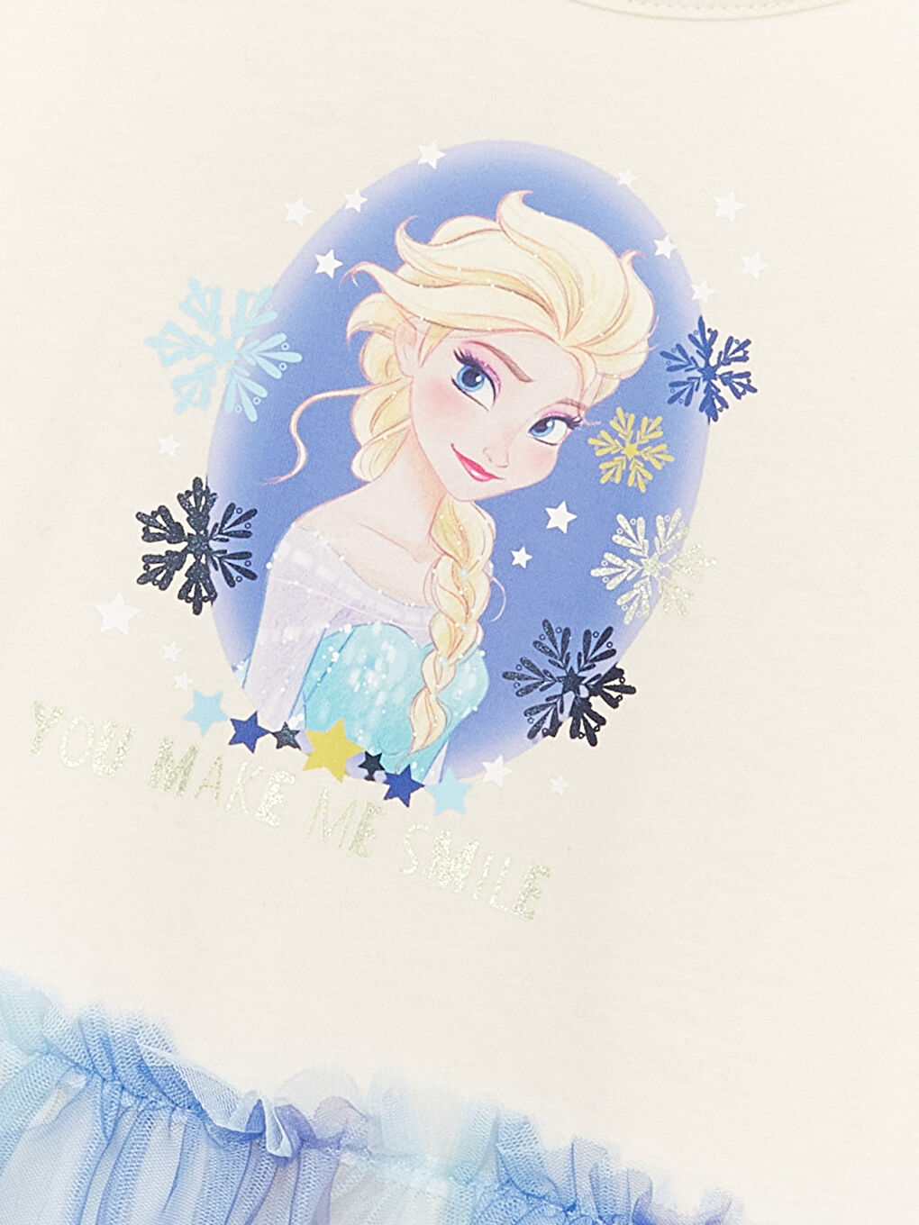 Ekru Bisiklet Yaka Elsa Baskılı Uzun Kollu Kız Çocuk Elbise-4