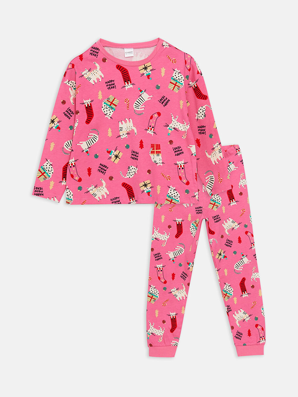 LCW Kids Pembe Bisiklet Yaka Yılbaşı Temalı Uzun Kollu Kız Çocuk Pijama Takımı