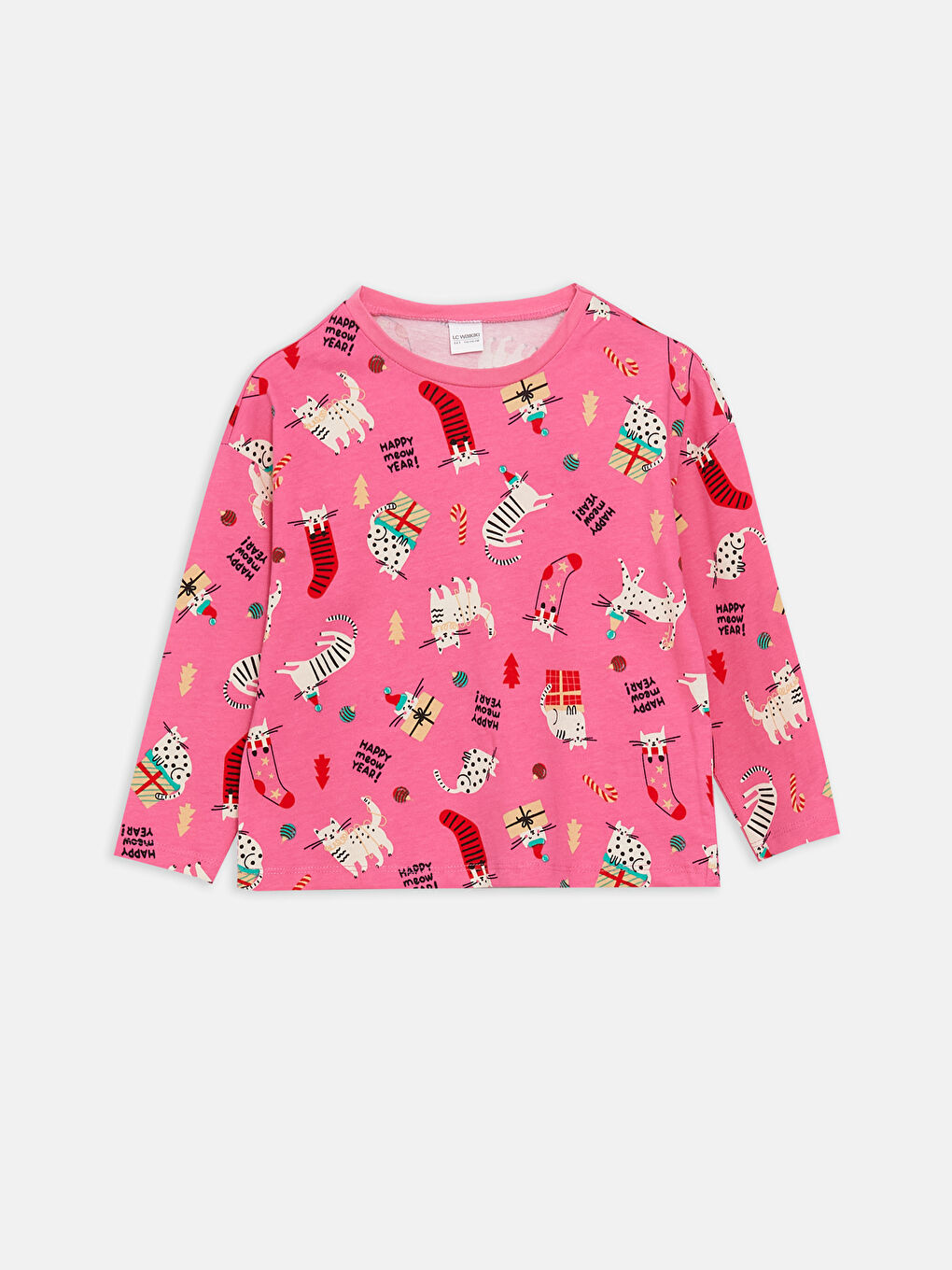 LCW Kids Pembe Bisiklet Yaka Yılbaşı Temalı Uzun Kollu Kız Çocuk Pijama Takımı - 1