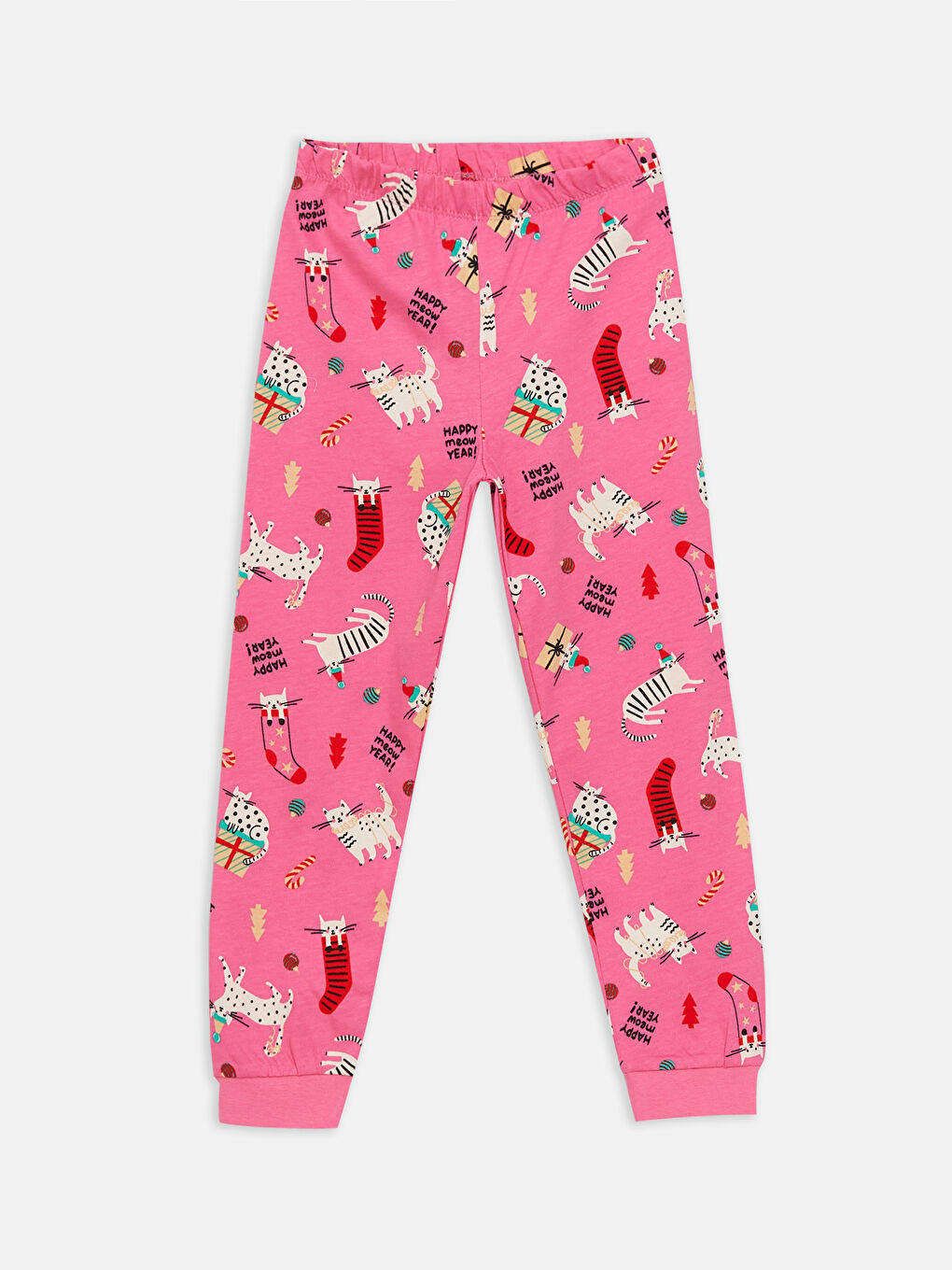 LCW Kids Pembe Bisiklet Yaka Yılbaşı Temalı Uzun Kollu Kız Çocuk Pijama Takımı - 3