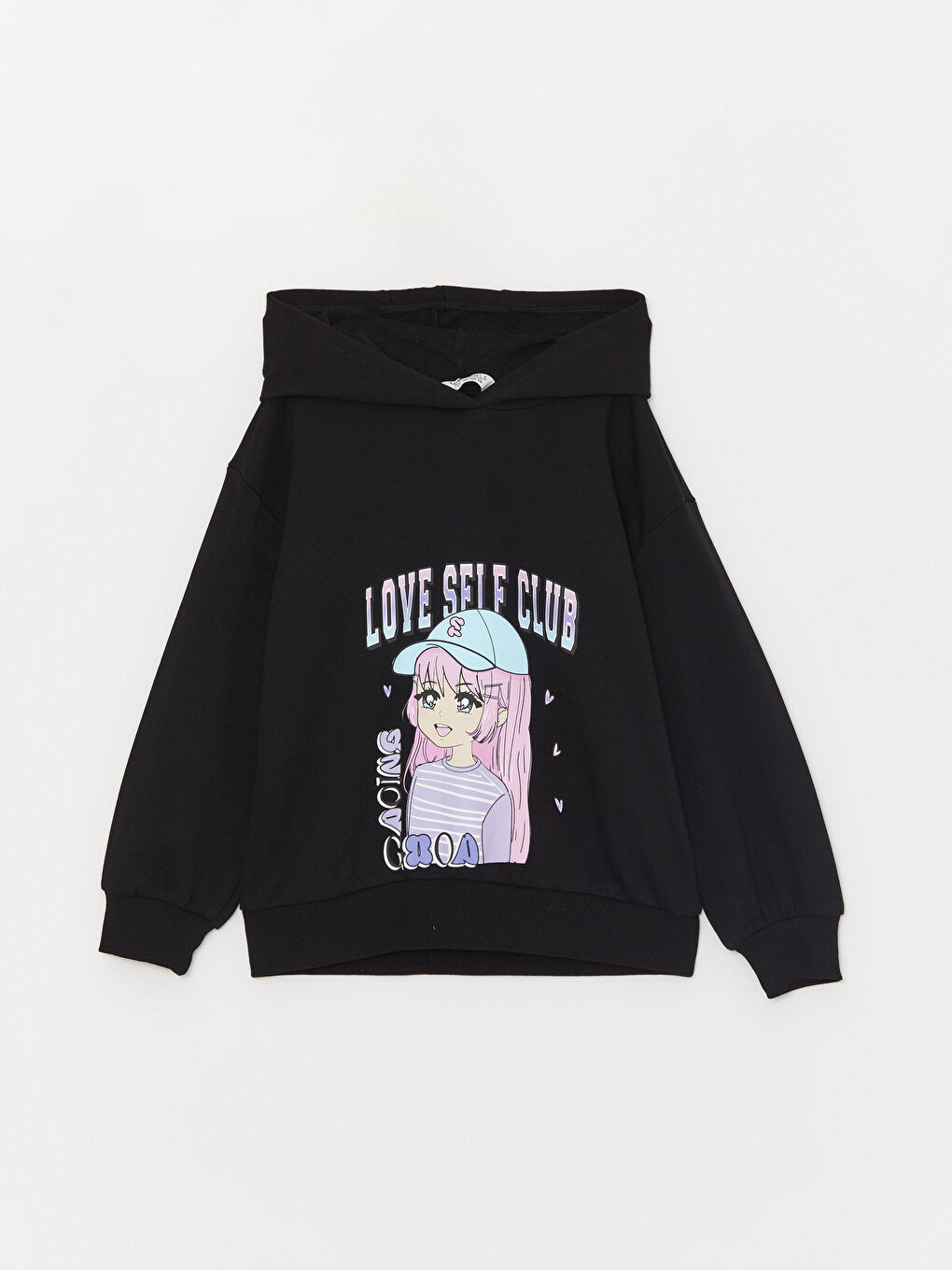 LCW Kids Yeni Siyah Baskılı Uzun Kollu Kız Çocuk Hoodie