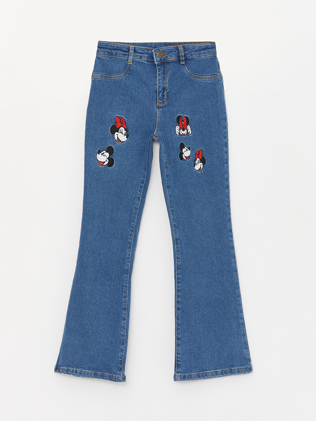 İndigo Minnie ve Mickey Mouse Nakışlı İspanyol Paça Kız Çocuk Jean Pantolon-2
