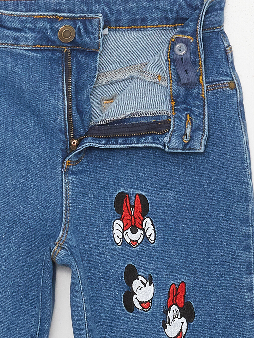 İndigo Minnie ve Mickey Mouse Nakışlı İspanyol Paça Kız Çocuk Jean Pantolon-5
