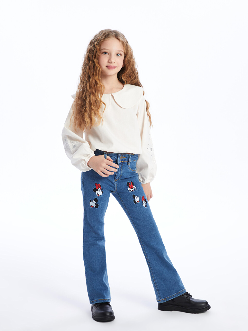 İndigo Minnie ve Mickey Mouse Nakışlı İspanyol Paça Kız Çocuk Jean Pantolon