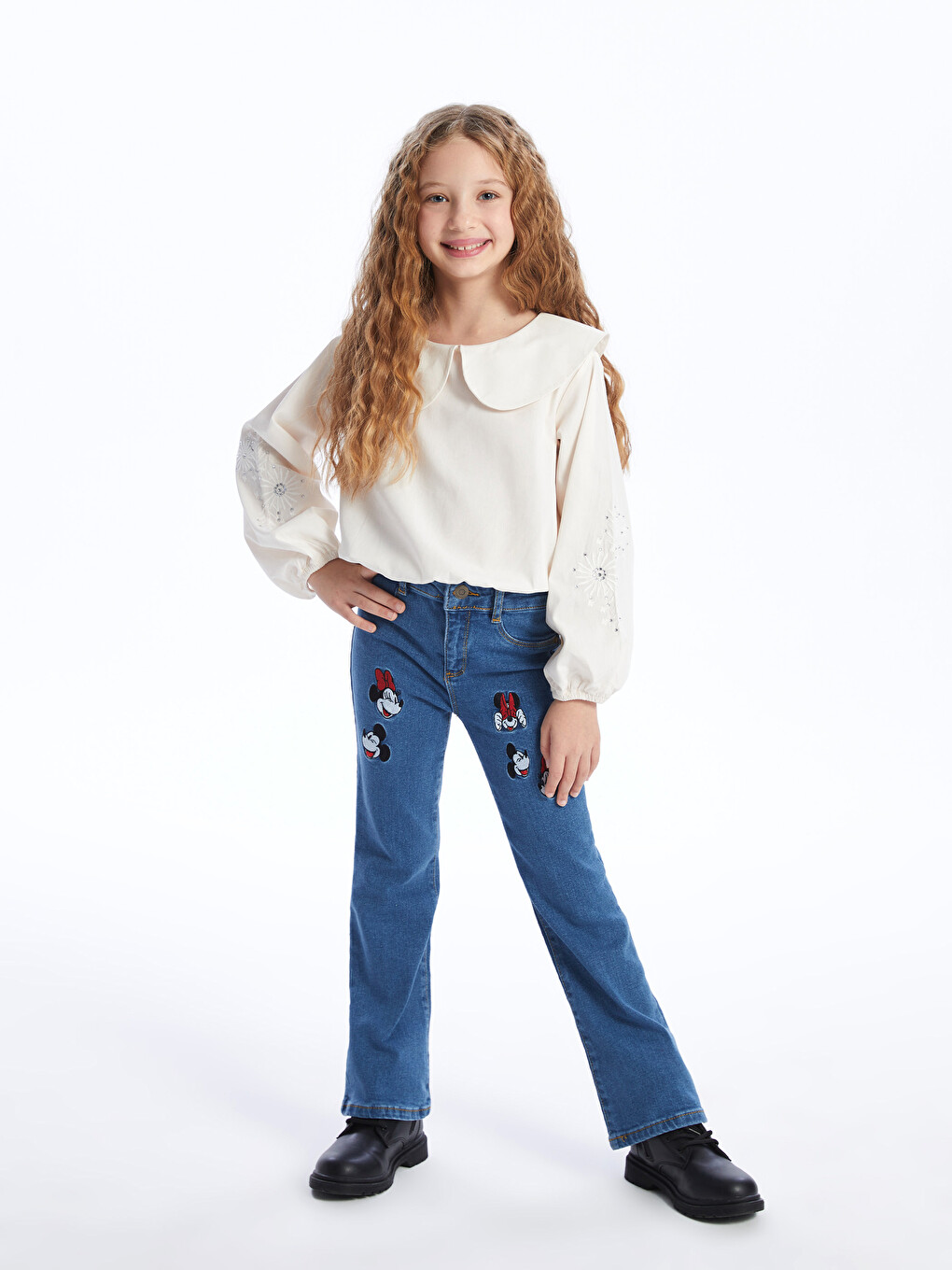 İndigo Minnie ve Mickey Mouse Nakışlı İspanyol Paça Kız Çocuk Jean Pantolon-1