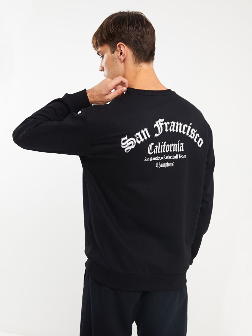 XSIDE Yeni Siyah Bisiklet Yaka Uzun Kollu Baskılı Erkek Sweatshirt