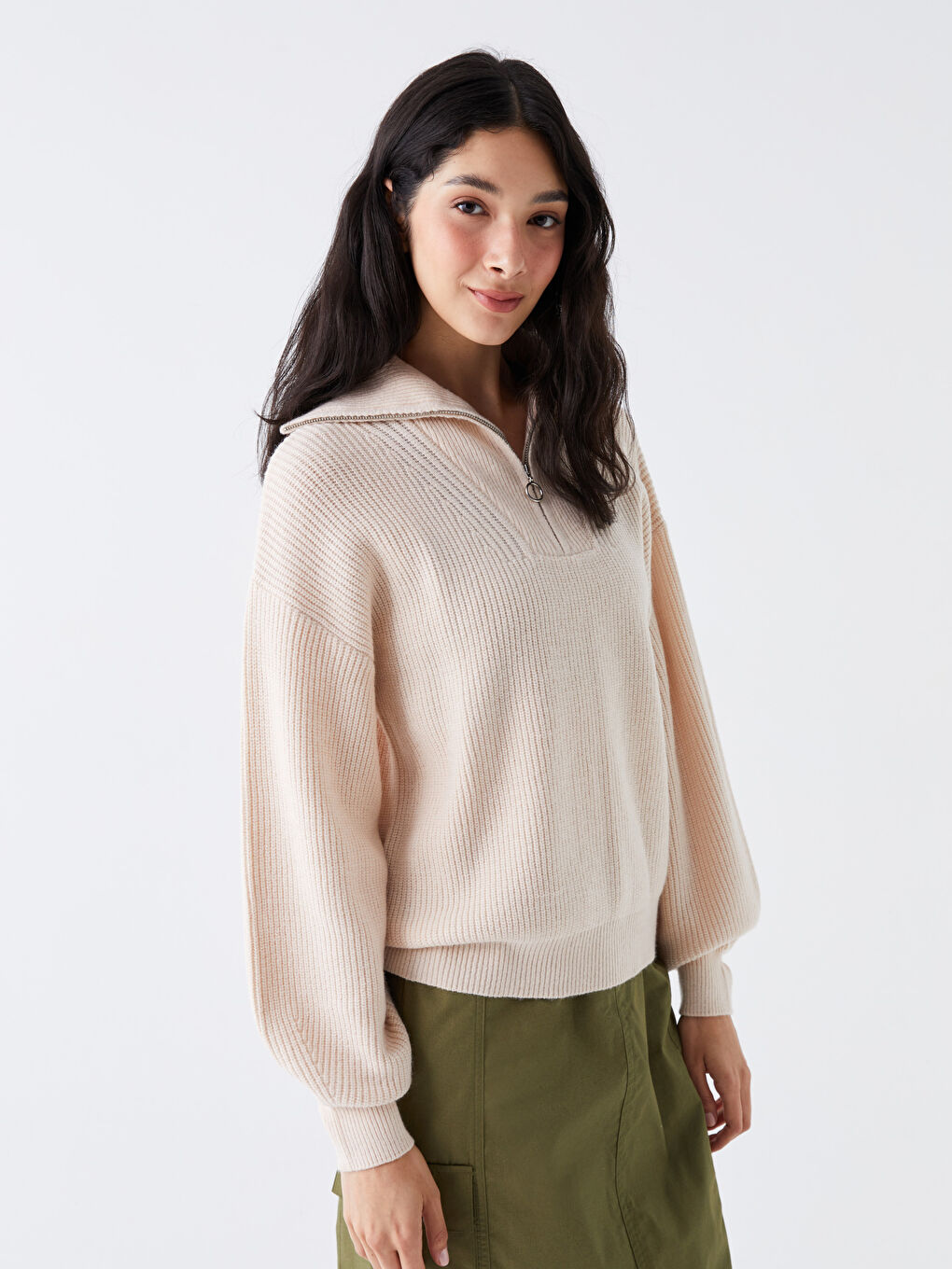 Polo Neck Regular Long Sleeve Women's Tricot Sweater -W3CK05Z8-D4N