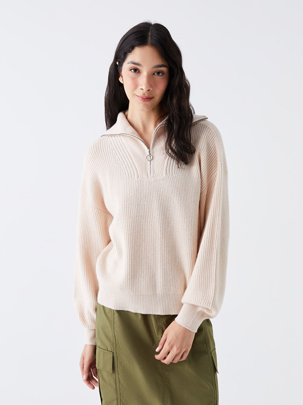 Polo Neck Regular Long Sleeve Women's Tricot Sweater -W3CK05Z8-D4N