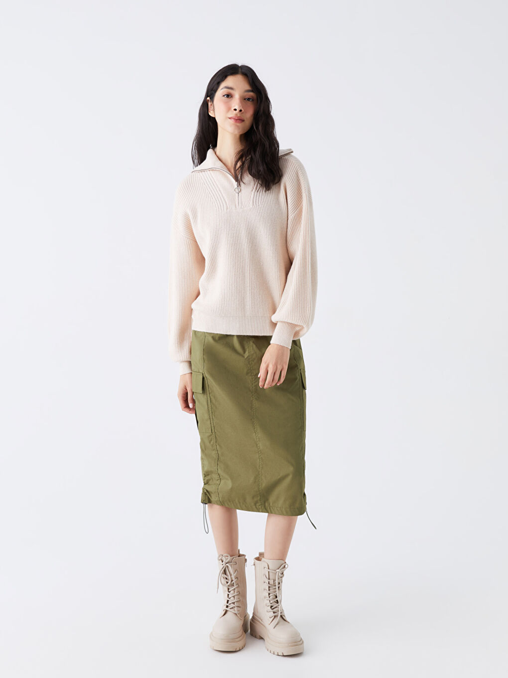 Polo Neck Regular Long Sleeve Women's Tricot Sweater -W3CK05Z8-D4N