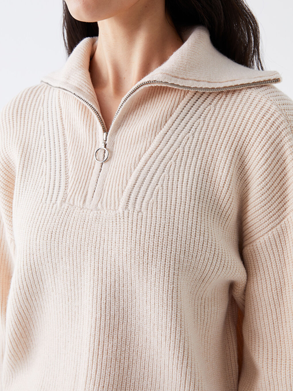 Polo Neck Regular Long Sleeve Women's Tricot Sweater -W3CK05Z8-D4N