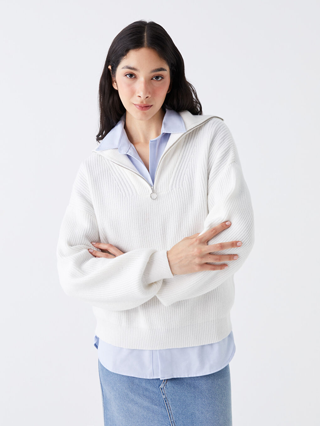 Polo Neck Women's Knitwear Sweater -W3CK05Z8-R9J
