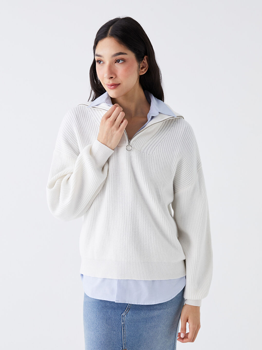 Polo Neck Women's Knitwear Sweater -W3CK05Z8-R9J