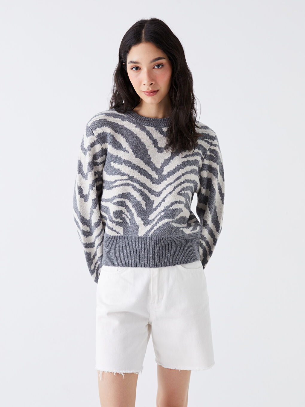 LCW Vision Rundhalsausschnitt Gemustert Langarm Damen Strickpullover -W3CK10Z8-R9J
