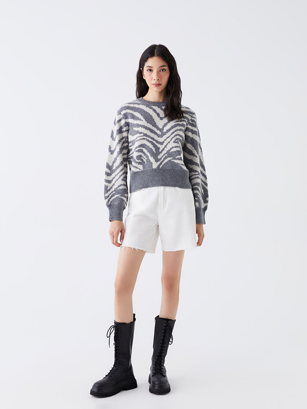 LCW Vision Rundhalsausschnitt Gemustert Langarm Damen Strickpullover -W3CK10Z8-R9J
