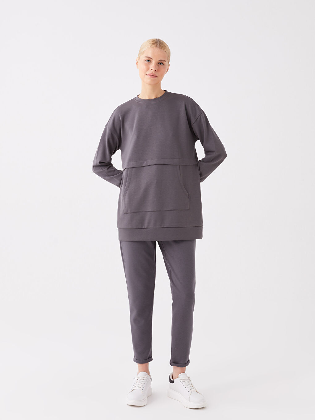 LCW Modest Antrasit Bisiklet Yaka Düz Oversize Kadın Sweatshirt Tunik - 2