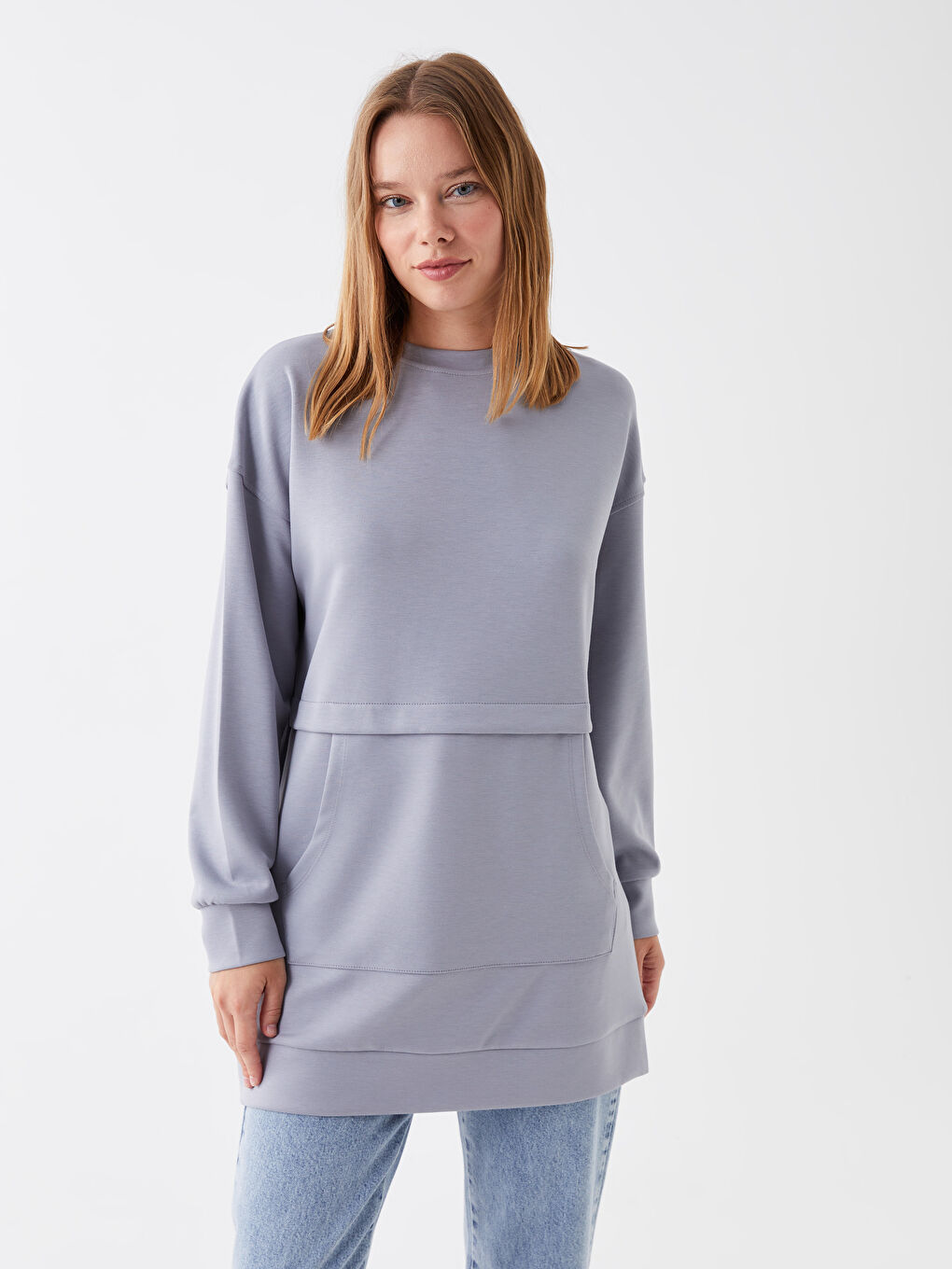 LCW Modest Açık Mavi Bisiklet Yaka Düz Oversize Kadın Sweatshirt Tunik - 1