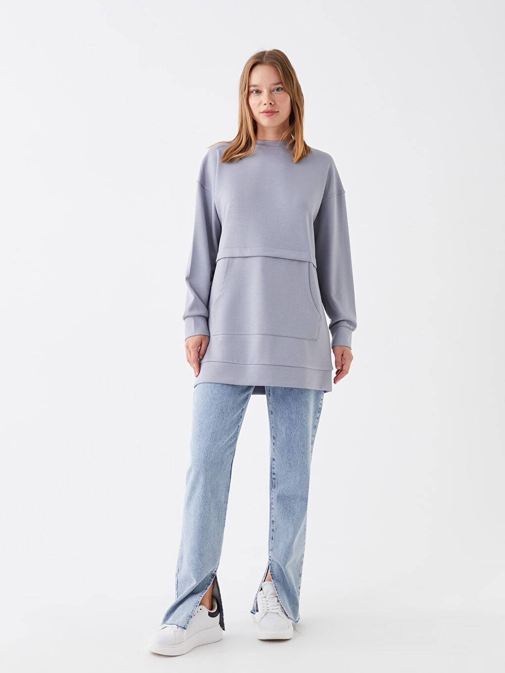 LCW Modest Açık Mavi Bisiklet Yaka Düz Oversize Kadın Sweatshirt Tunik - 2