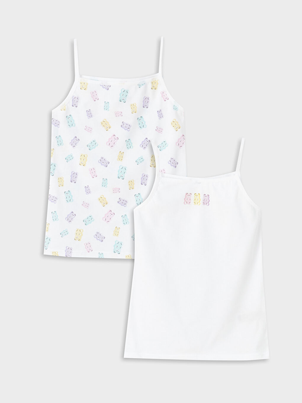 Beyaz Kare Yaka Baskılı Askılı Kız Çocuk Atlet 2'li