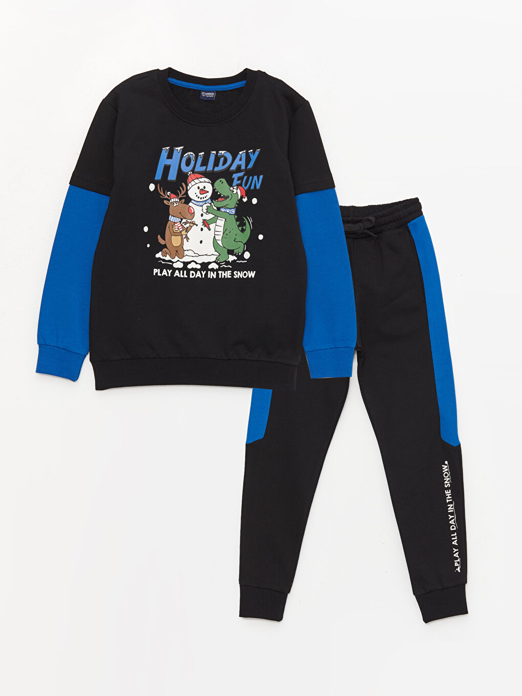 LCW Kids Yeni Siyah Bisiklet Yaka Yılbaşı Temalı Uzun Kollu Erkek Çocuk Sweatshirt ve Eşofman Altı