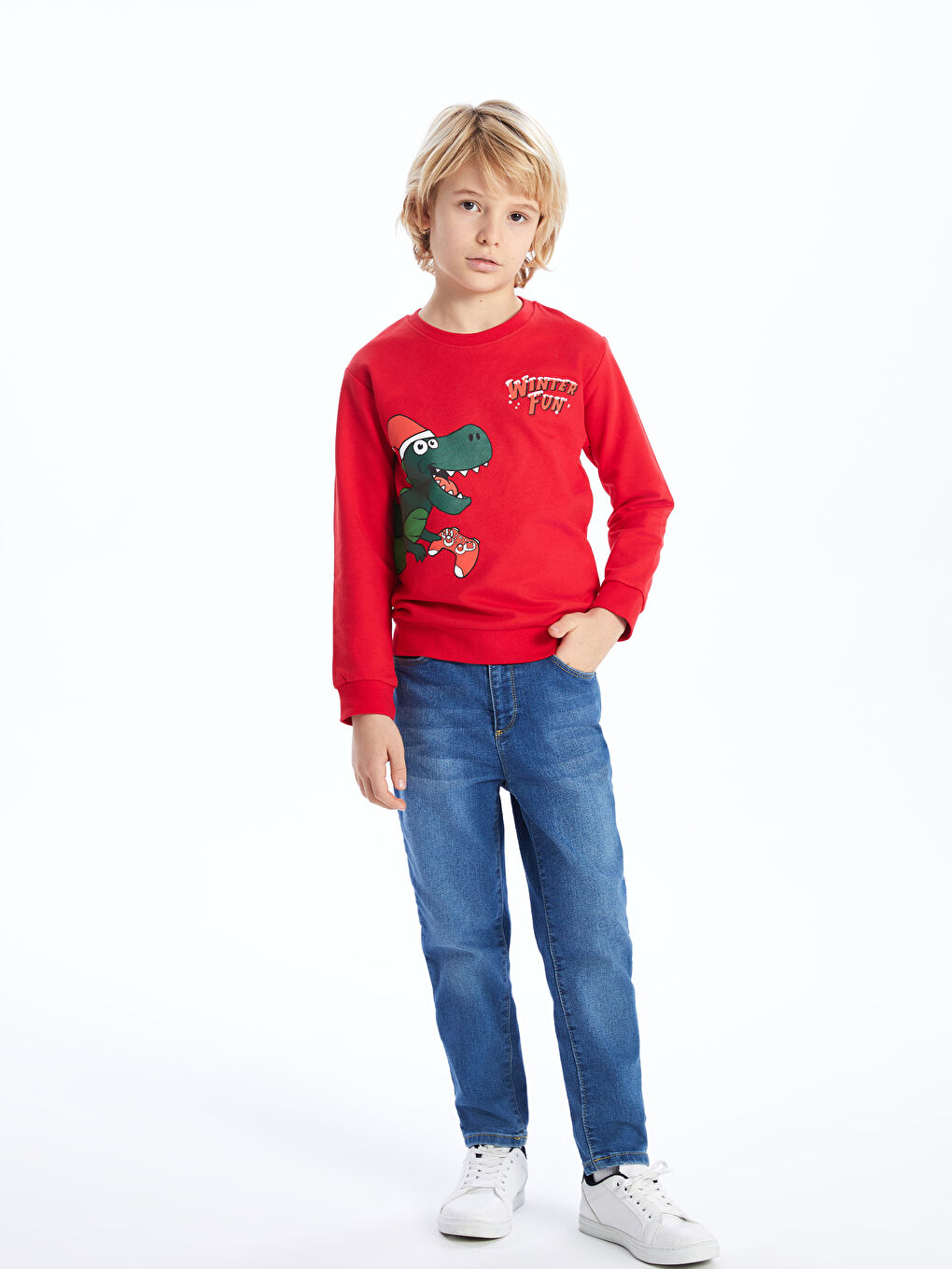 LCW Kids Canlı Kırmızı Bisiklet Yaka Yılbaşı Temalı Uzun Kollu Erkek Çocuk Sweatshirt - 1