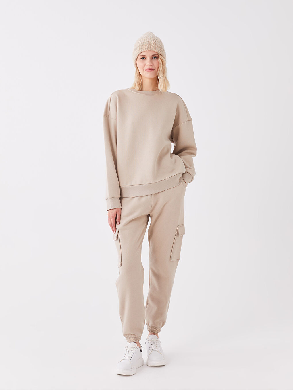 LCW Vision Bej Bisiklet Yaka Oversize Kadın Sweatshirt - 2