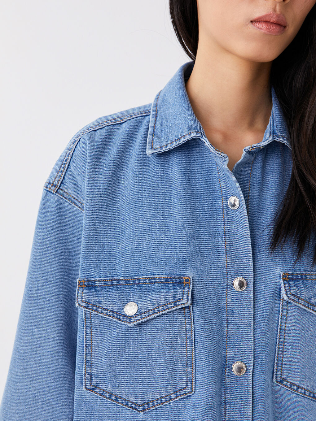 İndigo Oversize Kadın Jean Gömlek Ceket-5