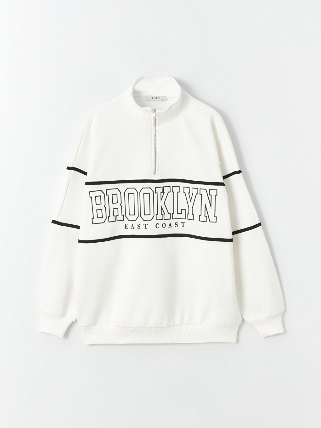Ekru Dik Yaka Baskılı Oversize Kadın Kalın Sweatshirt-5
