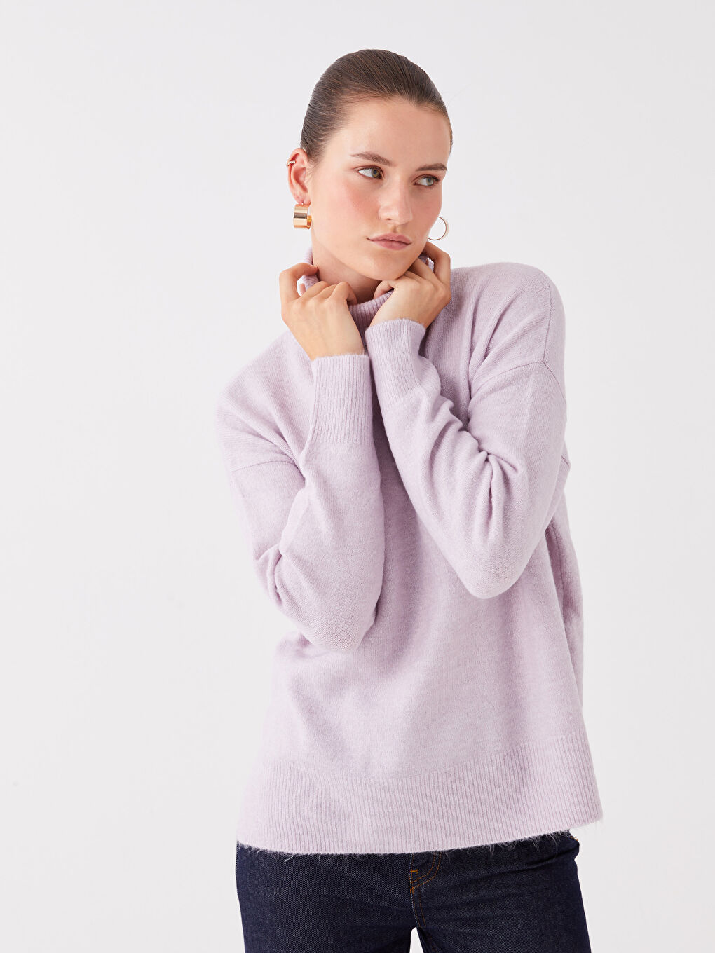 LCWAIKIKI Basic Balıkçı Yaka Düz Uzun Kollu Oversize Kadın Triko Kazak -W3CM03Z8-FKK