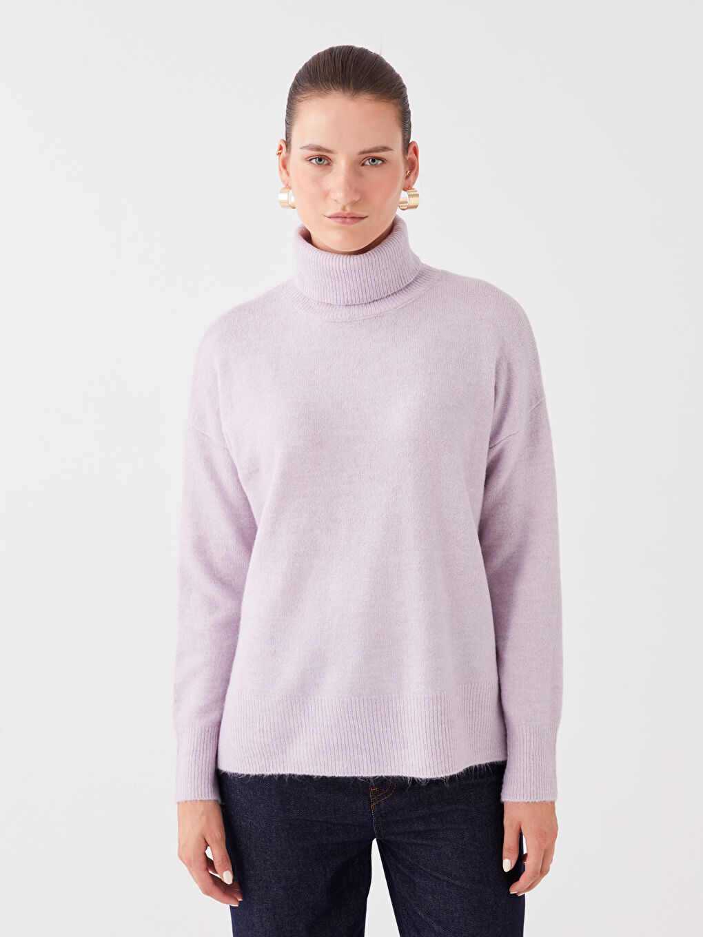 LCWAIKIKI Basic Balıkçı Yaka Düz Uzun Kollu Oversize Kadın Triko Kazak -W3CM03Z8-FKK