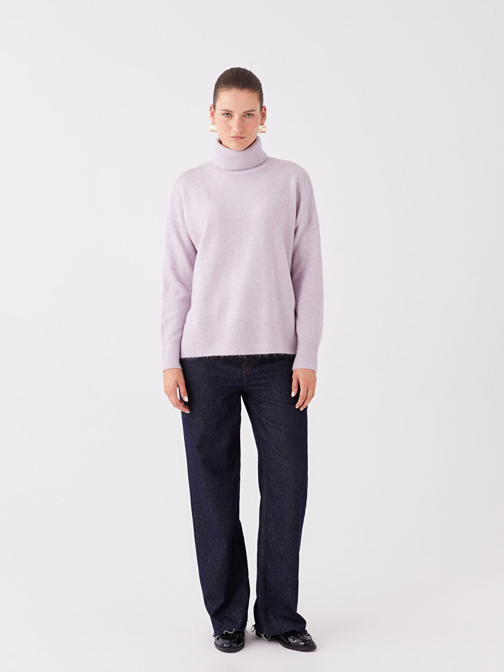LCWAIKIKI Basic Balıkçı Yaka Düz Uzun Kollu Oversize Kadın Triko Kazak -W3CM03Z8-FKK