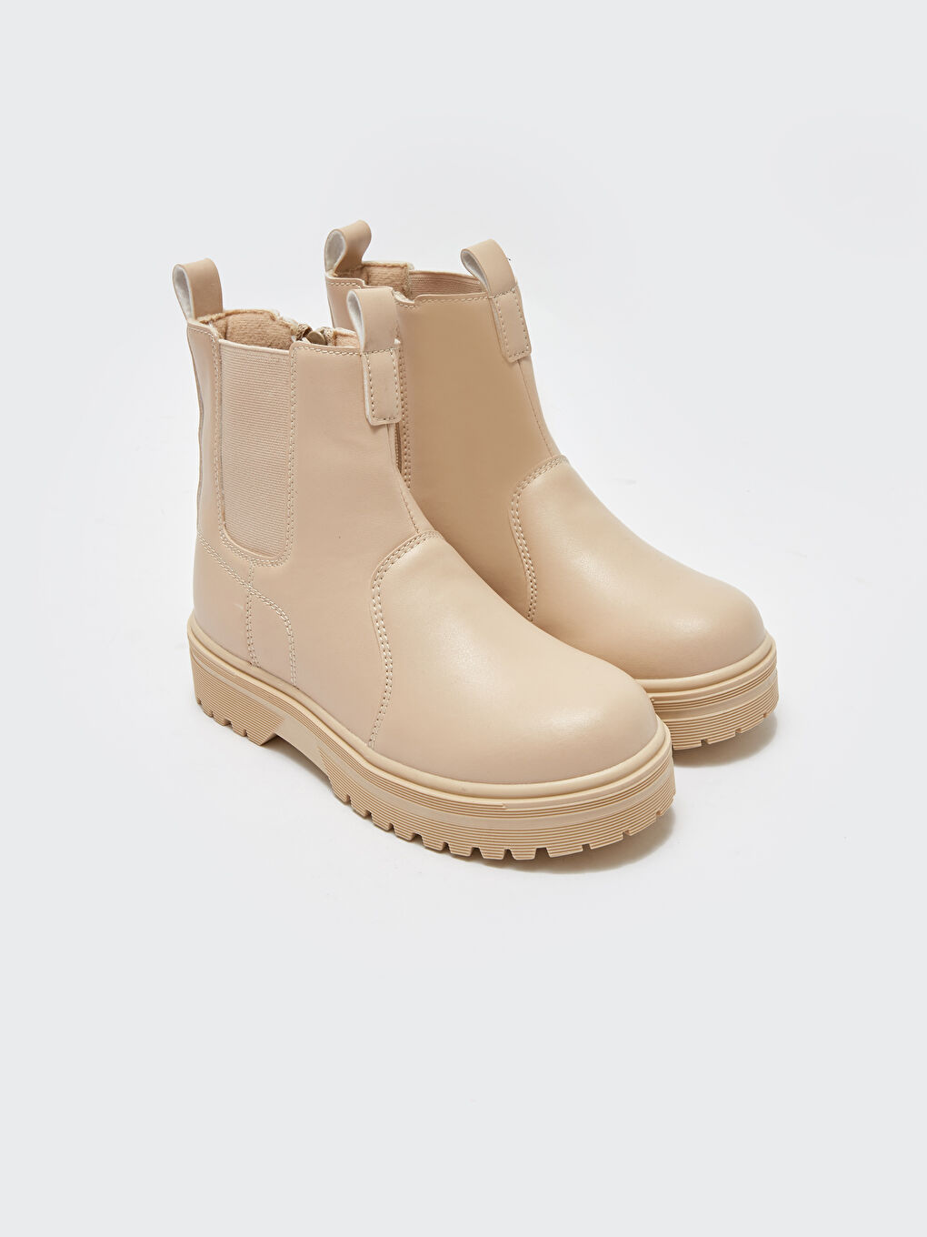 Bej Deri Görünümlü Fermuarlı Kız Çocuk Bot