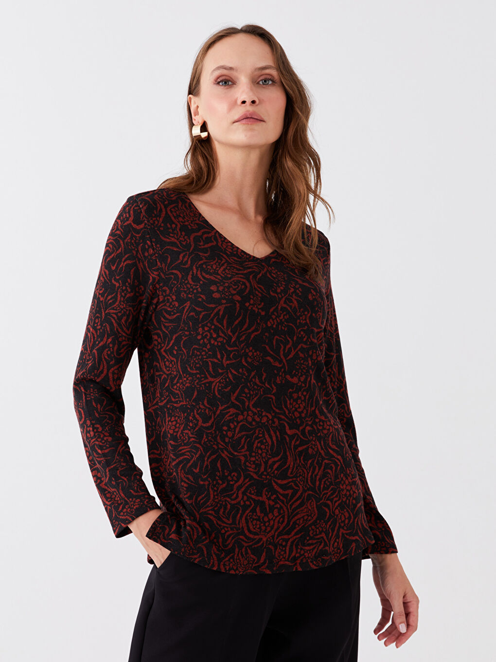 LCW Grace V-Neck Patterned Long Sleeve Women's Blouse -W3CM35Z8-LQJ