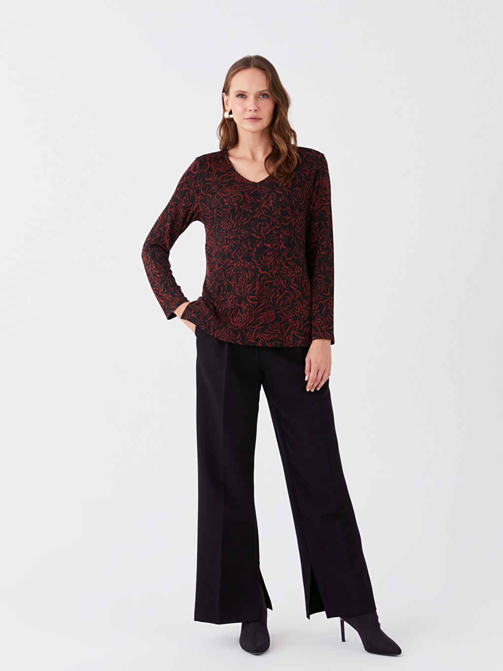 LCW Grace V-Neck Patterned Long Sleeve Women's Blouse -W3CM35Z8-LQJ
