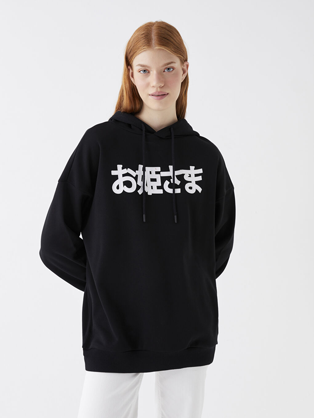 XSIDE Yeni Siyah Baskılı Uzun Kollu Oversize Kadın Hoodie - 1