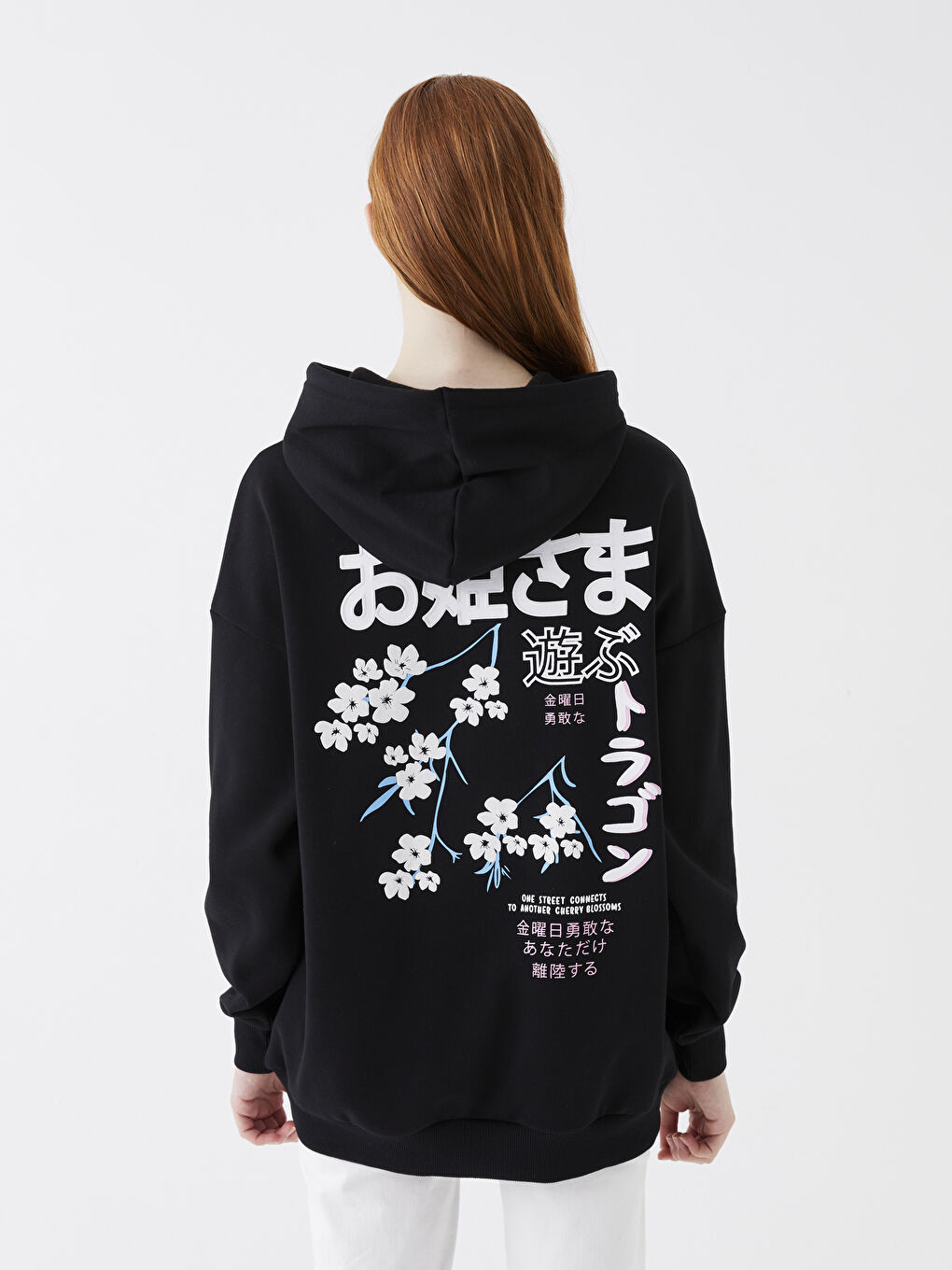 XSIDE Yeni Siyah Baskılı Uzun Kollu Oversize Kadın Hoodie - 4