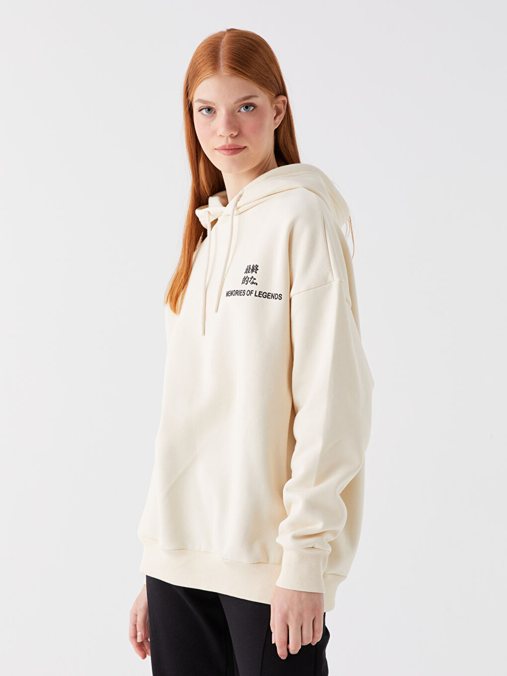 XSIDE Bej Baskılı Oversize Kadın Kalın Hoodie - 1