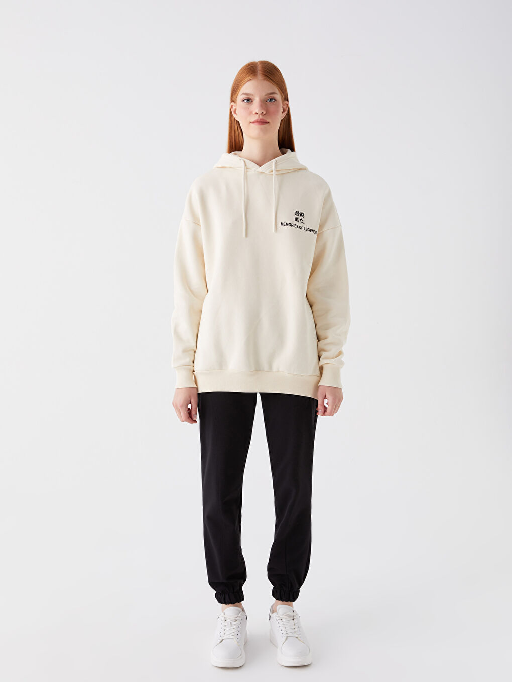 XSIDE Bej Baskılı Oversize Kadın Kalın Hoodie - 2