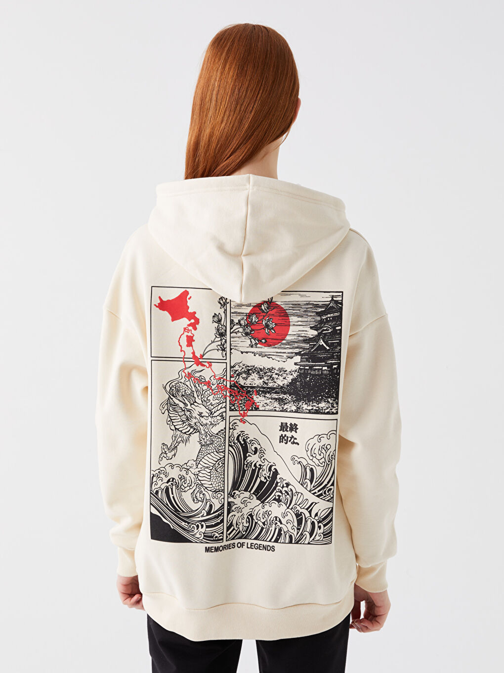 XSIDE Bej Baskılı Oversize Kadın Kalın Hoodie - 4