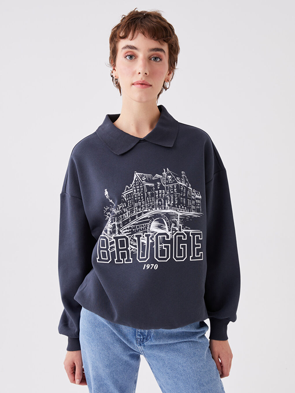 XSIDE Antrasit Polo Yaka Baskılı Oversize Kadın Kalın Sweatshirt - 1