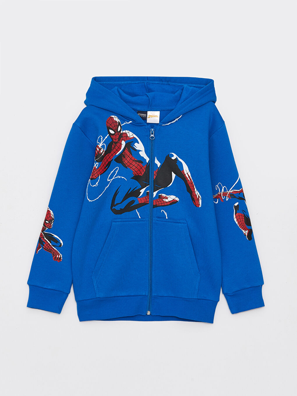 LCW Kids Mavi Kapüşonlu Spiderman Baskılı Uzun Kollu Erkek Çocuk Fermuarlı Sweatshirt