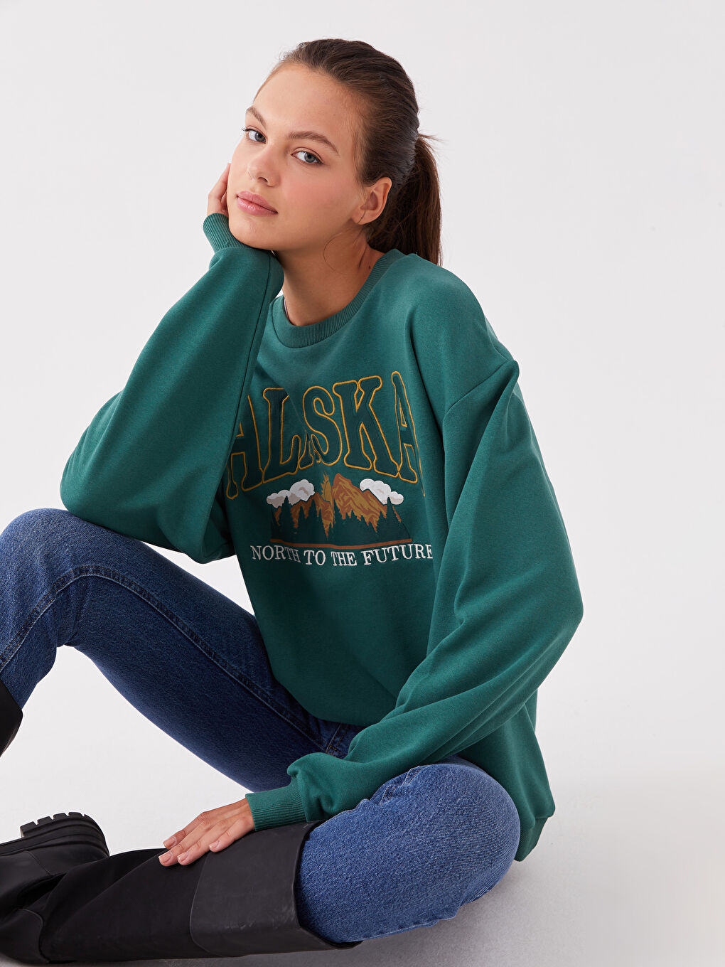 XSIDE Yeşil Bisiklet Yaka Nakışlı Uzun Kollu Oversize Kadın Sweatshirt