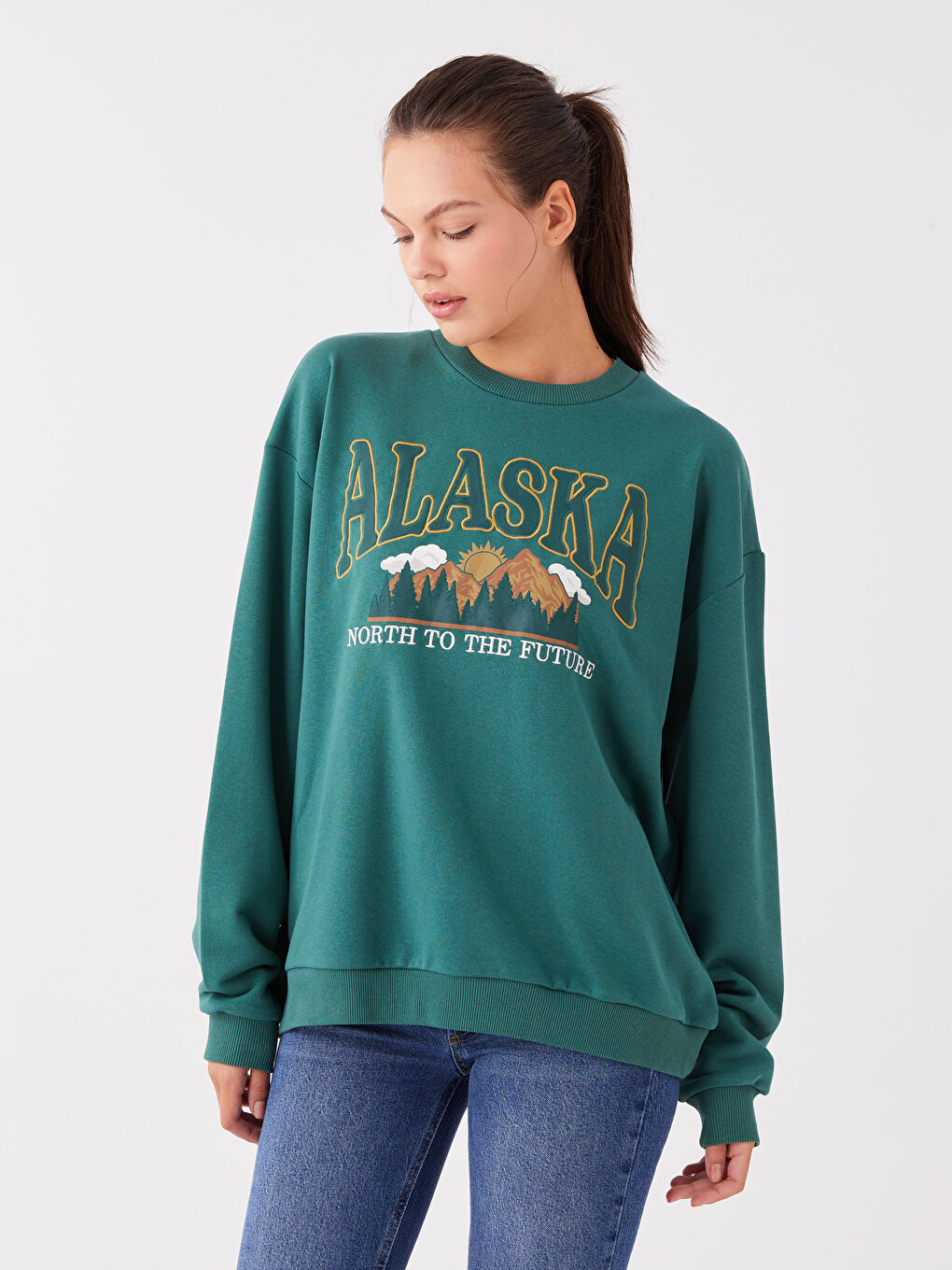 XSIDE Yeşil Bisiklet Yaka Nakışlı Uzun Kollu Oversize Kadın Sweatshirt - 1