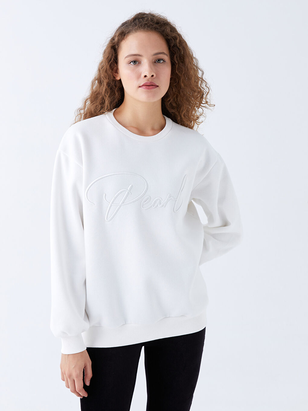 XSIDE Ekru Bisiklet Yaka Nakışlı Uzun Kollu Oversize Kadın Sweatshirt