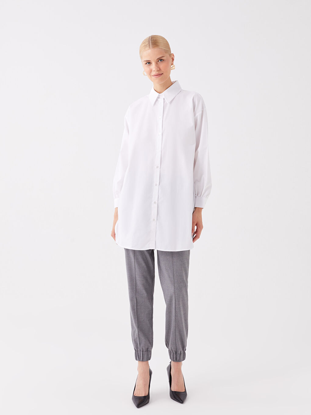 Ekru Düz Uzun Kollu Oversize Kadın Gömlek Tunik-2