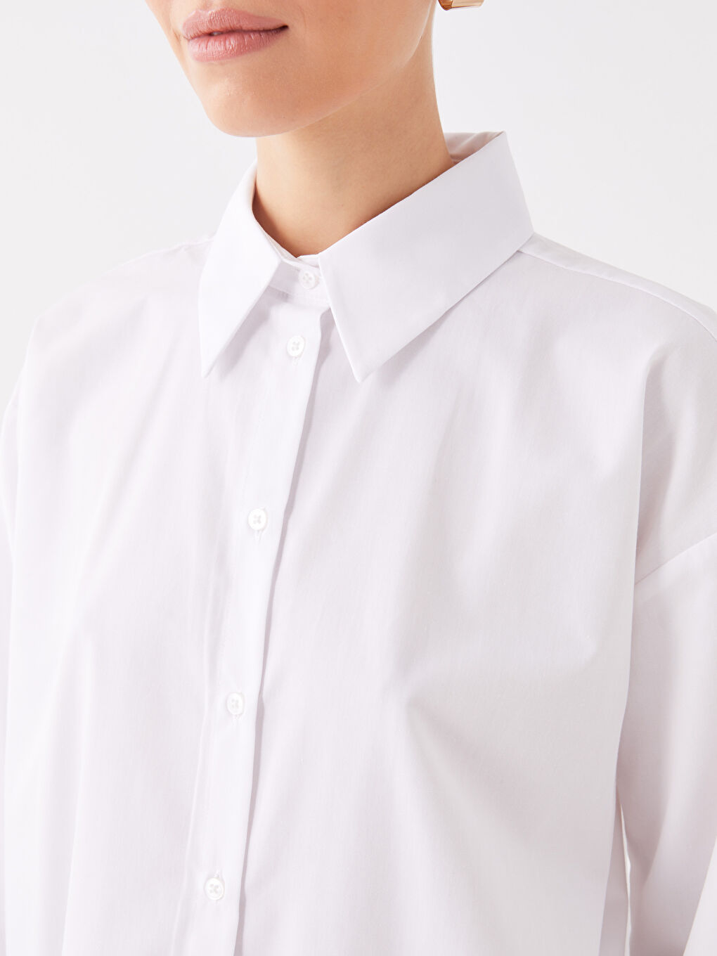 Ekru Düz Uzun Kollu Oversize Kadın Gömlek Tunik-3