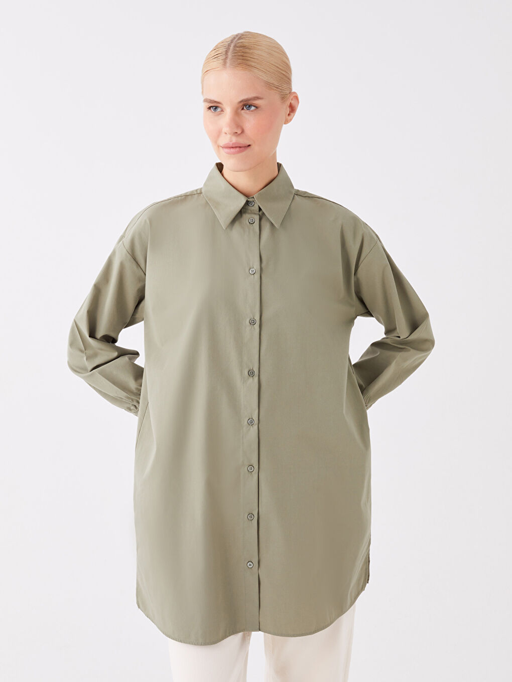 Haki Düz Uzun Kollu Oversize Kadın Gömlek Tunik