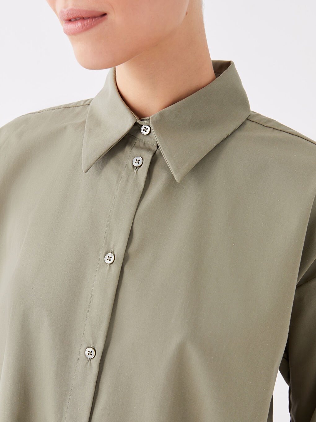 Haki Düz Uzun Kollu Oversize Kadın Gömlek Tunik-3