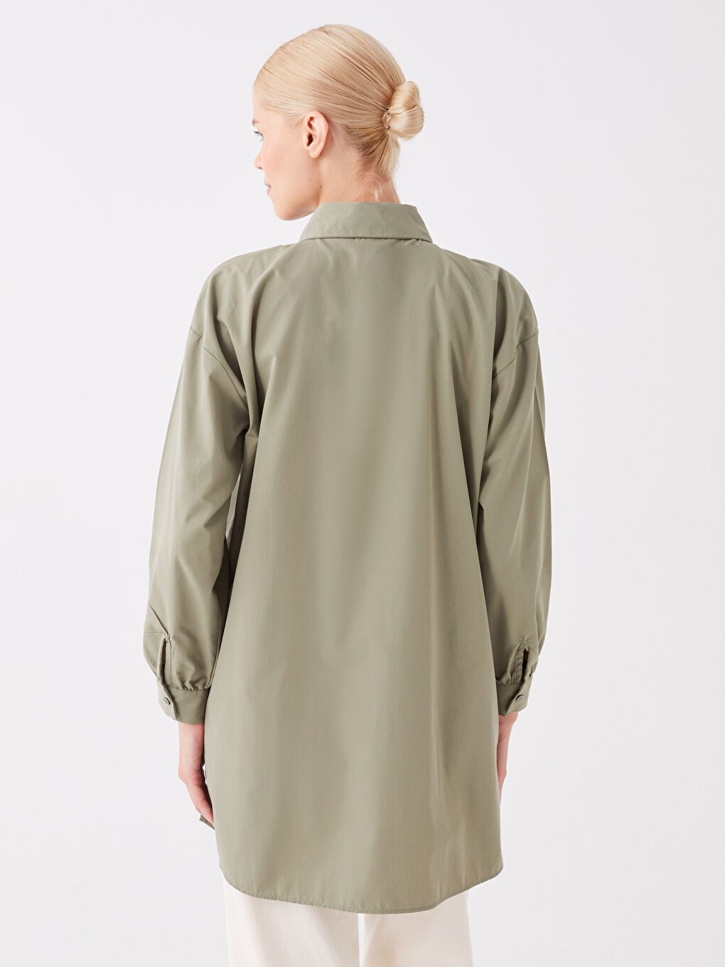 Haki Düz Uzun Kollu Oversize Kadın Gömlek Tunik-4