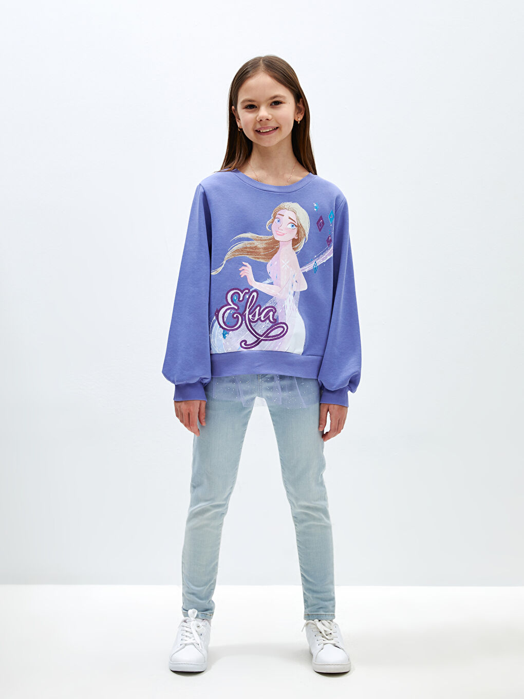 LCW Kids Mat Lila Bisiklet Yaka Elsa Baskılı Uzun Kollu Kız Çocuk Sweatshirt - 1