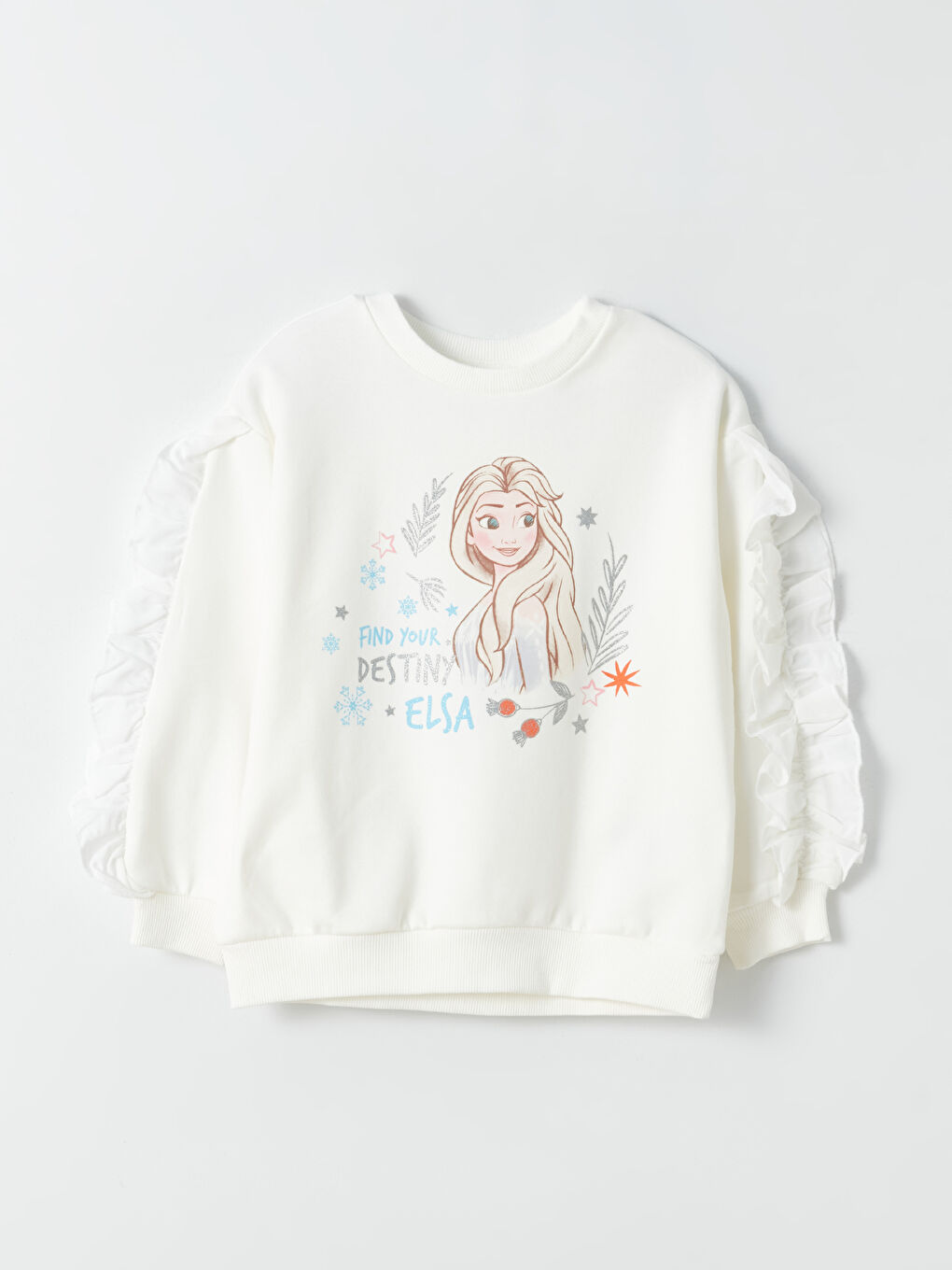 LCW Kids Ekru Bisiklet Yaka Elsa Baskılı Uzun Kollu Kız Çocuk Sweatshirt